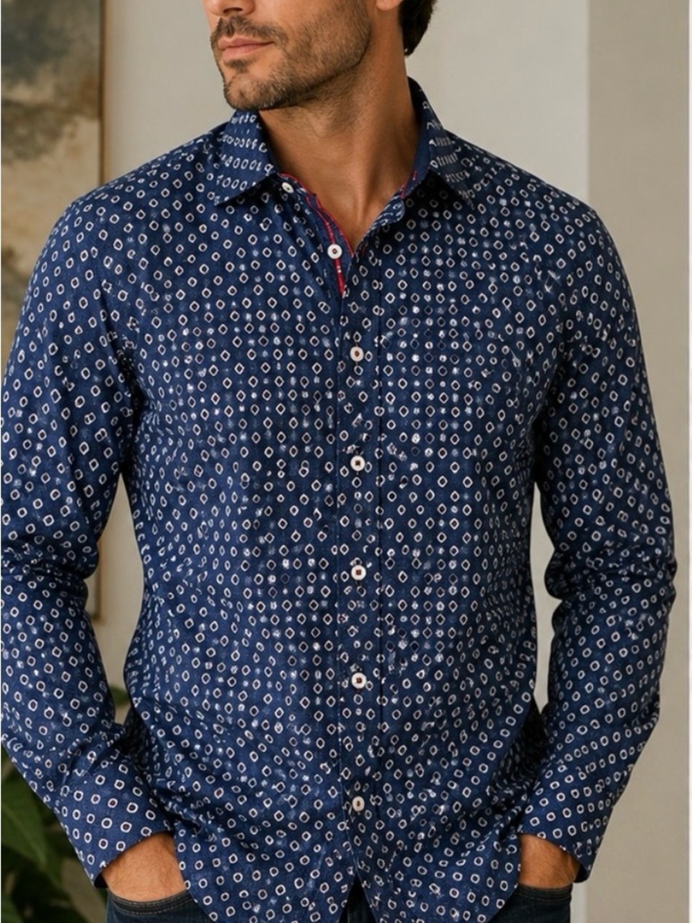 English Laundry Men’s Navy Geometric Button Down Shirt L 100% Cotton